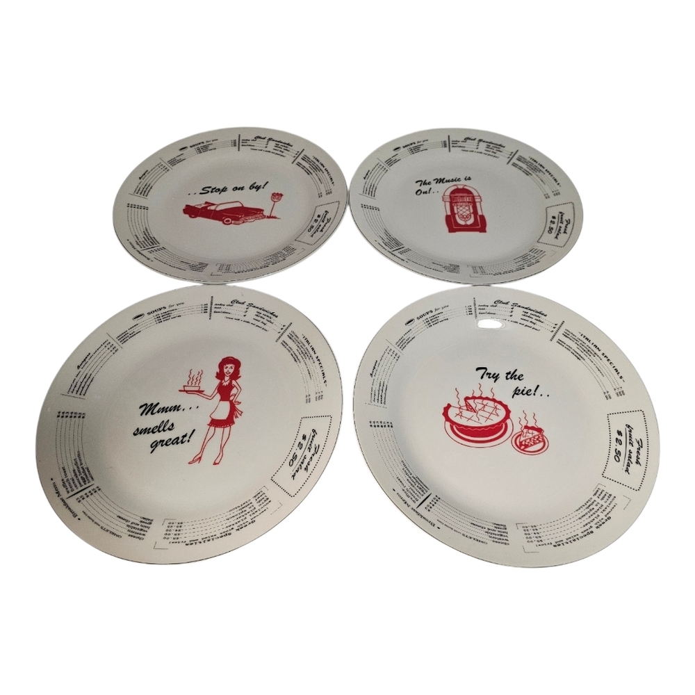 I. Godinger & Co. Retro Diner Novelty Dessert Plates Set of 4, Red White Ceramic